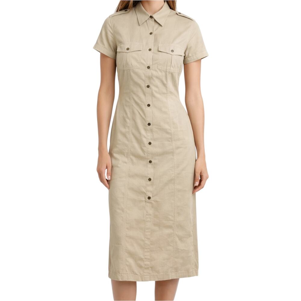 Diane Von Furstenberg 100% Linen Midi Shirt Sress Button Up Camo Military 2 XS